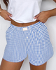 Red Plaid Gingham Printed High Waist Shorts: Red Stripe / 100%Polyester / XL
