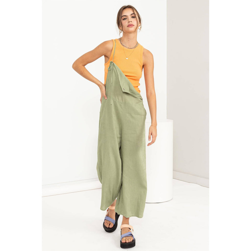 TIE SHOULDER JUMPSUIT: L / OLIVE