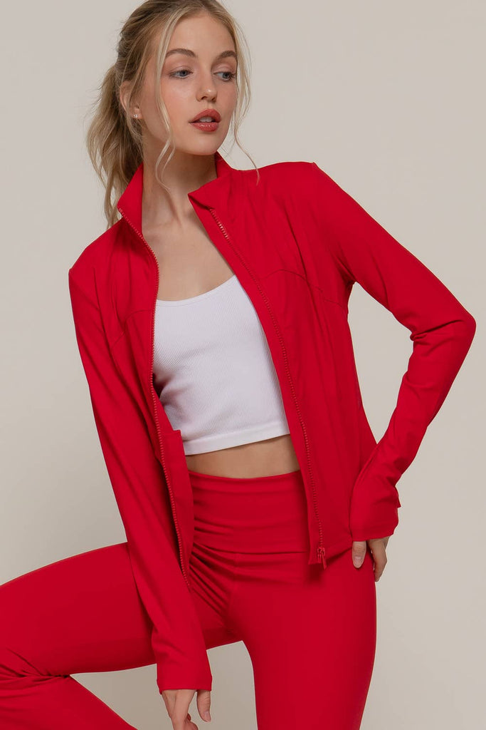 Long Sleeve Mock Neck Seam Detail Workout Jacket: RED/ M