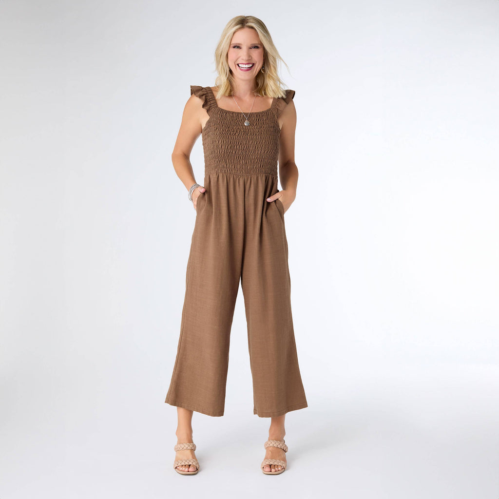 Kohde Wide Leg Smocked Jumpsuit: Black / XS
