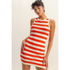 Striped Sleeveless Bodycon Mini Dress: TOMATO/CREAM