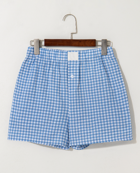 Red Plaid Gingham Printed High Waist Shorts: Red Stripe / 100%Polyester / XL