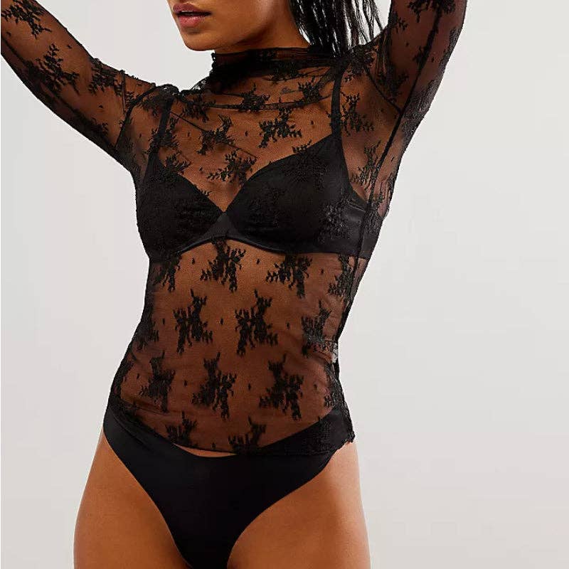 Lux Layering Floral Lace See Through Mesh Top Blouse: Black / S