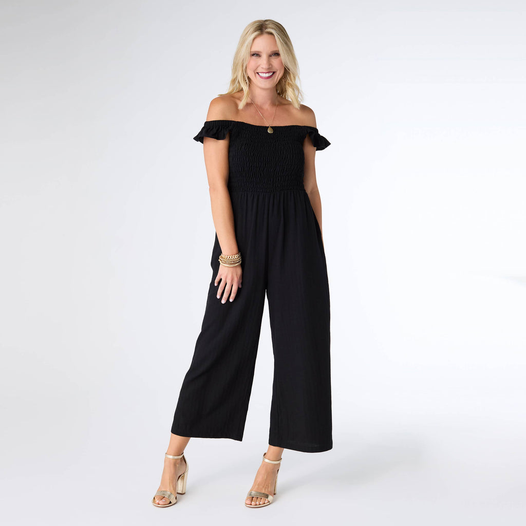 Kohde Wide Leg Smocked Jumpsuit: Black / XS