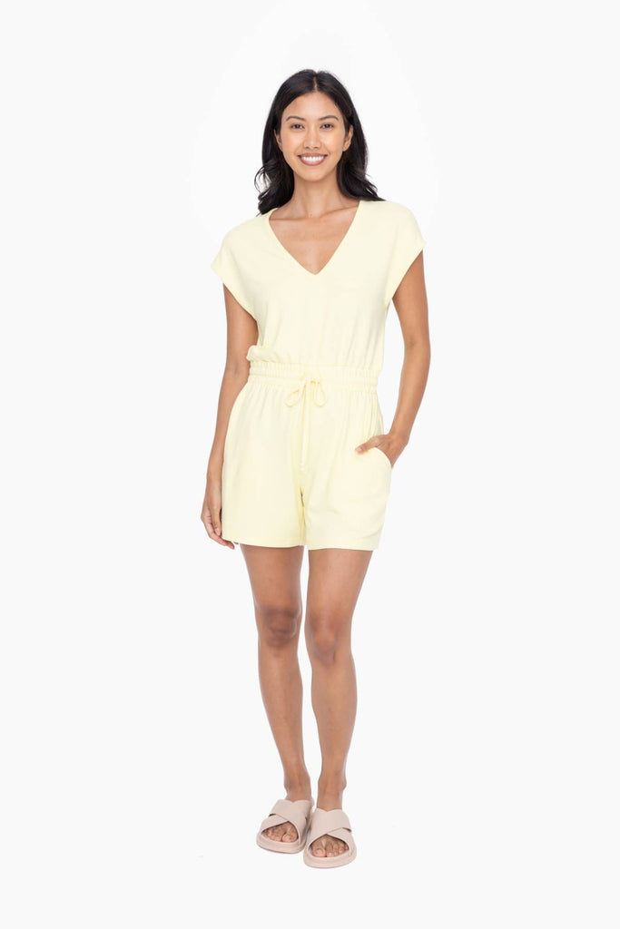 Brushed Hacci V-Neck Romper: LEMON