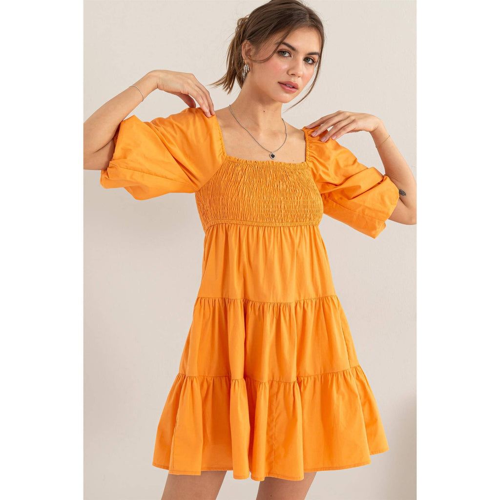 SMOCKED MINI DRESS: ORANGE / M