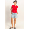 Button Front Short Sleeve Knit Top: RED