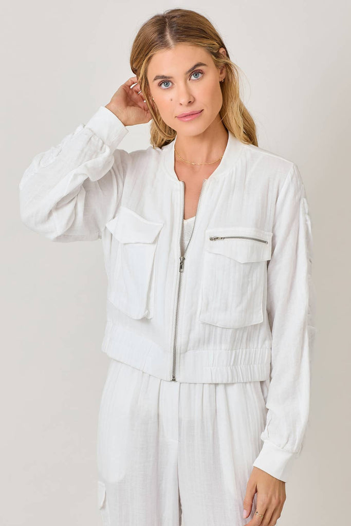 Washed Linen Bomber Jacket: Off White / Large