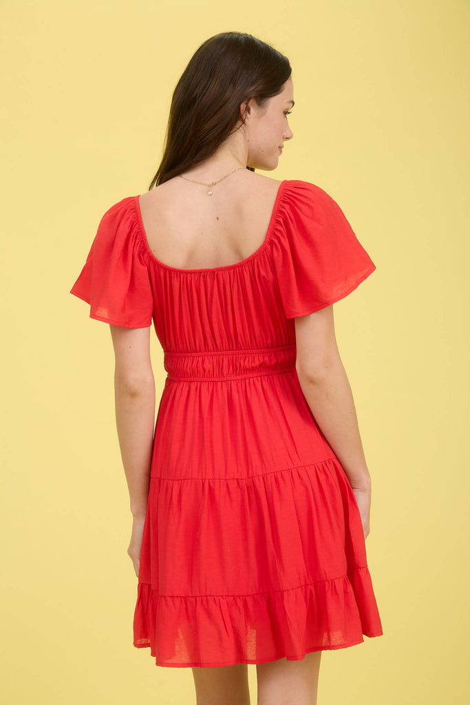 FRONT TIE STRAP SHORT SLEEVE TIERED MINI DRESS: RED
