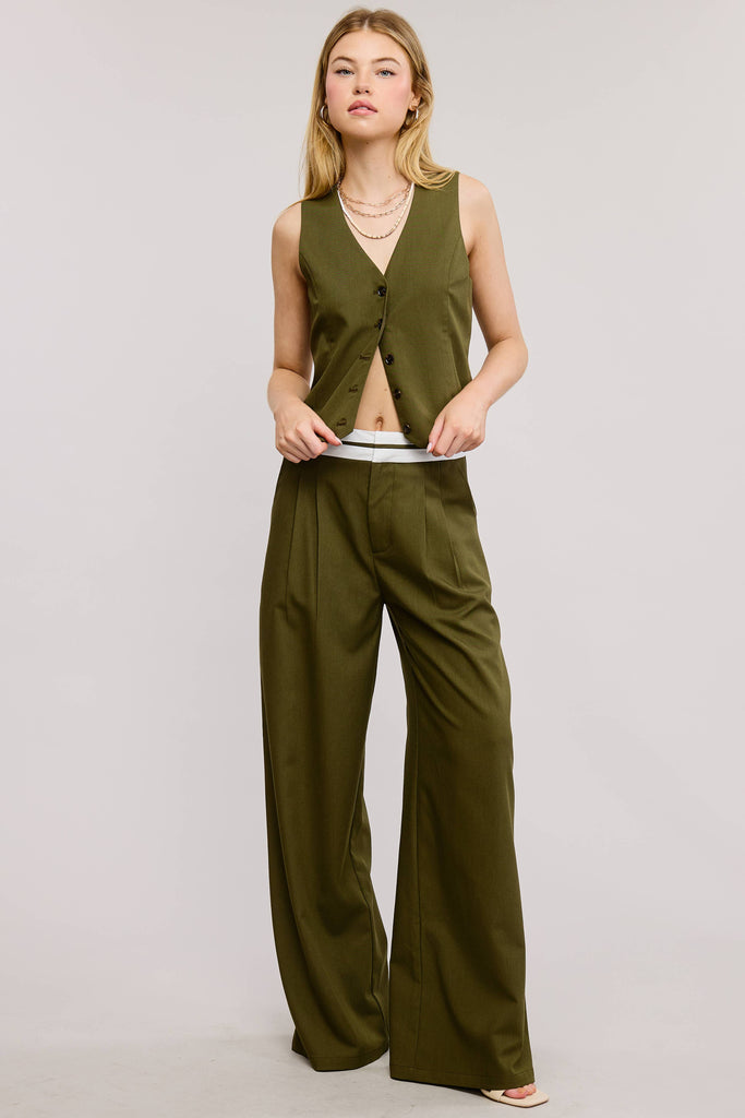 Timeless V-Neck Sleeveless Waistcoat Vest: Olive / L