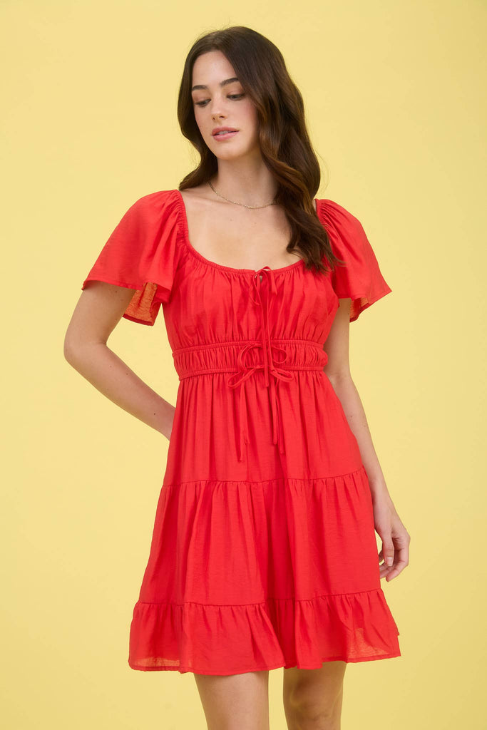 FRONT TIE STRAP SHORT SLEEVE TIERED MINI DRESS: RED