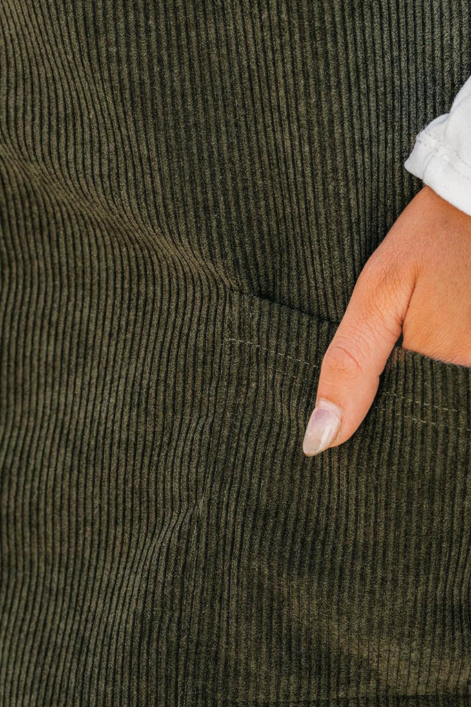 Solid Front Pockets Sleeveless Corduroy Overall Dress: Vineyard Green / 100%Polyester / L
