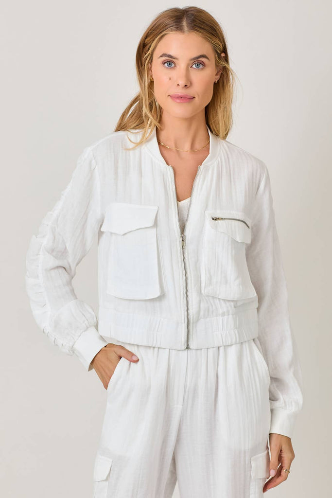 Washed Linen Bomber Jacket: Off White / Large