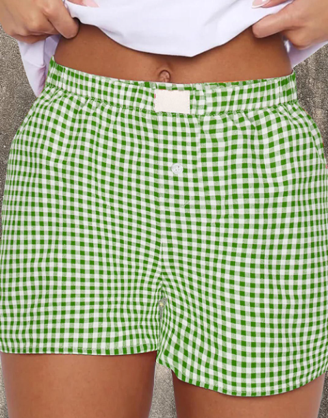Red Plaid Gingham Printed High Waist Shorts: Red Stripe / 100%Polyester / XL