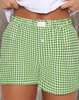 Red Plaid Gingham Printed High Waist Shorts: Red Stripe / 100%Polyester / XL