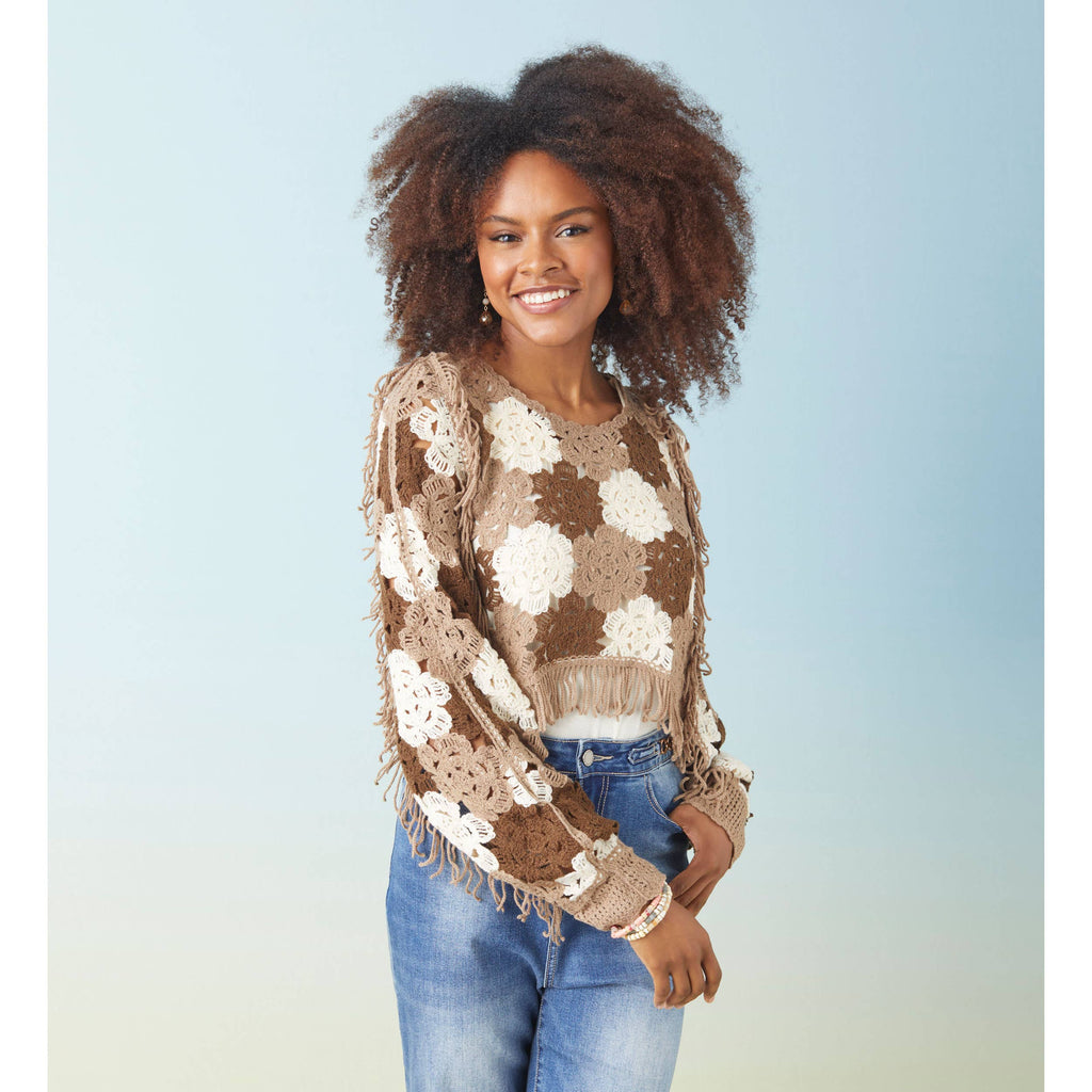 Nyla Floral Crochet Pullover Top: Khaki/Ivory / S/M