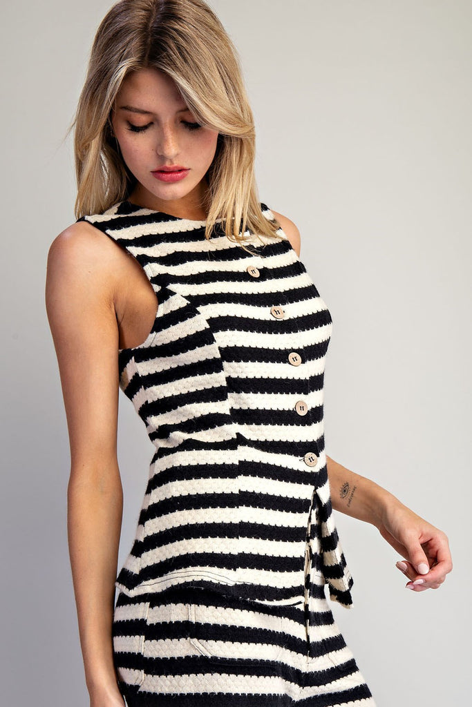Scallop Stripe Knit Button Down Vest