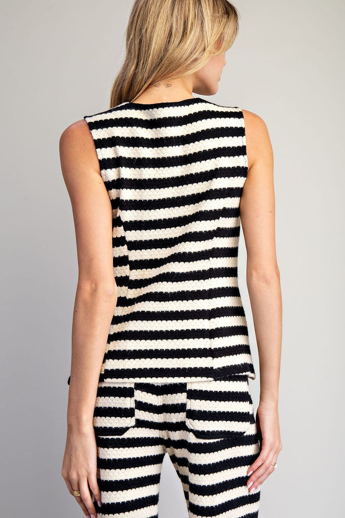 Scallop Stripe Knit Button Down Vest