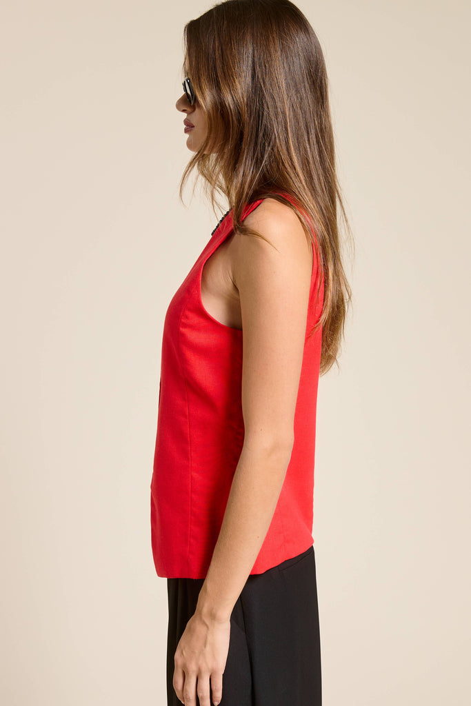 Button Down Sleeveless Round Neck Waistcoat Vest: Scarlet / L