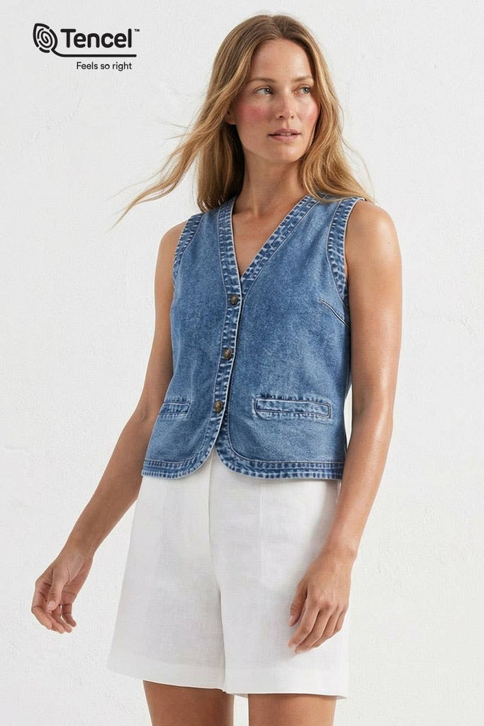 Tencel Acid Wash Denim Vest: Dark Blue / S