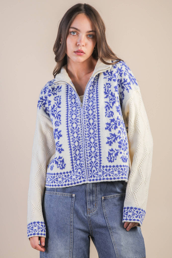 Graphic Knit Sweater Zip Up Cardigan: BLUE