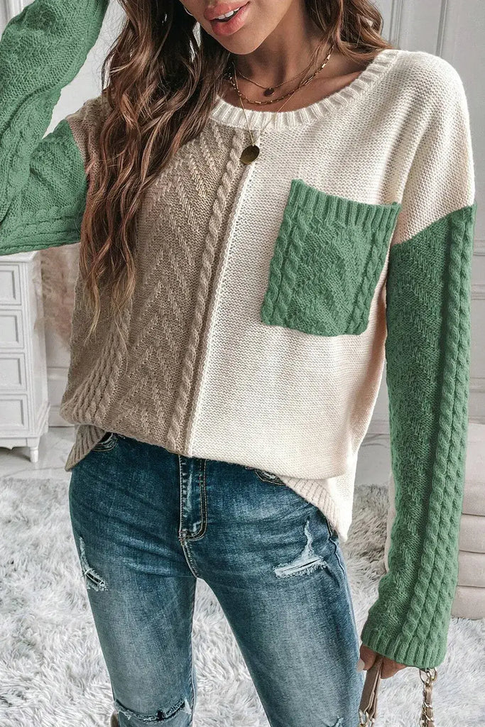 Gold Flame Colorblock Patched Pocket Drop Shoulder Sweater: Gold Flame / 65%Acrylic+35%Polyamide / L