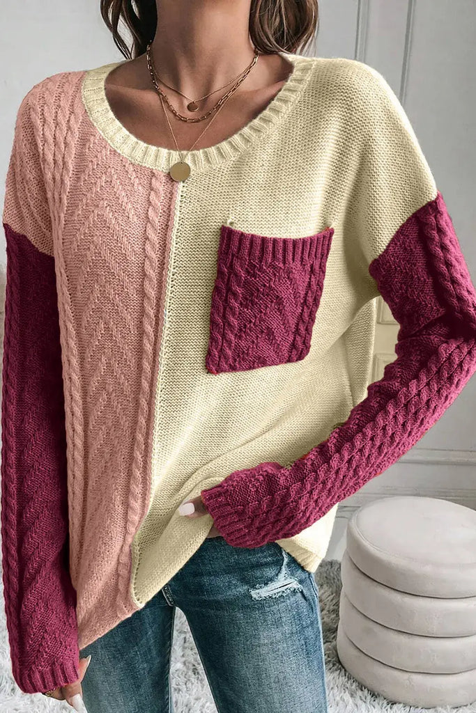 Gold Flame Colorblock Patched Pocket Drop Shoulder Sweater: Gold Flame / 65%Acrylic+35%Polyamide / L