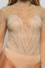 BCCBS24352  Rhinestone Mock Neck Long Sleeve Bodysuit: Nude / L
