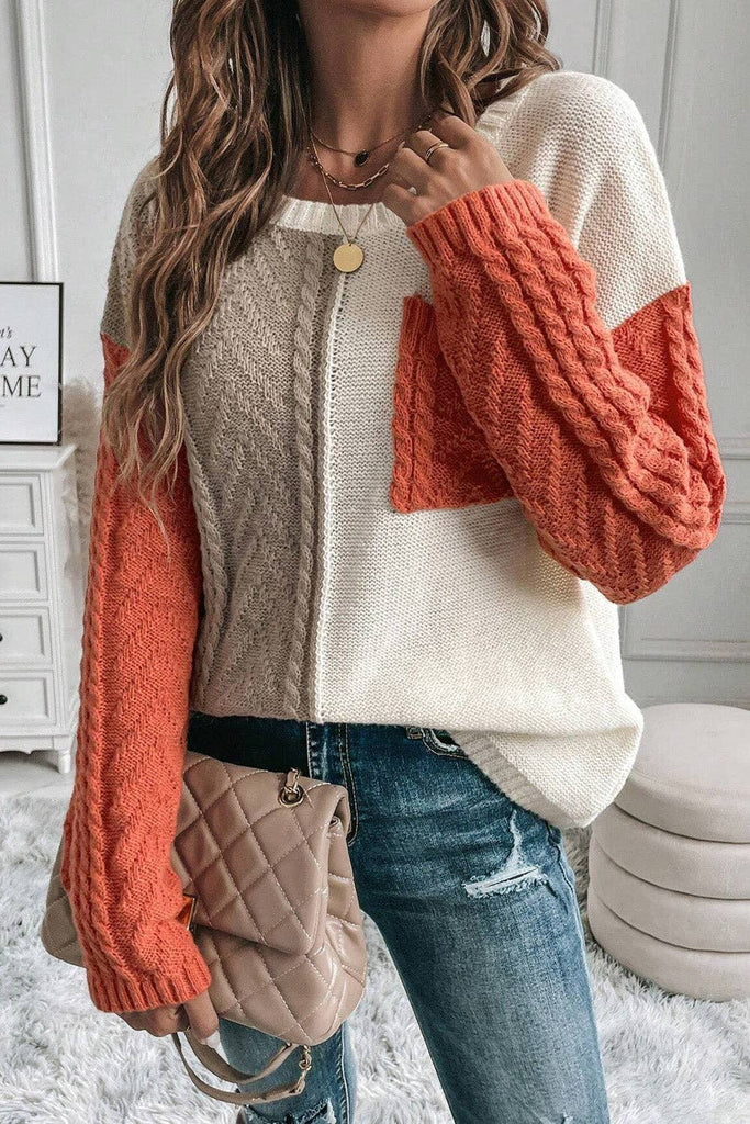 Gold Flame Colorblock Patched Pocket Drop Shoulder Sweater: Gold Flame /  XL