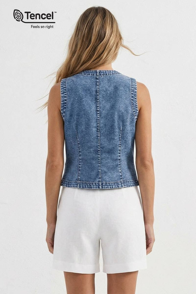 Tencel Acid Wash Denim Vest: Dark Blue / S