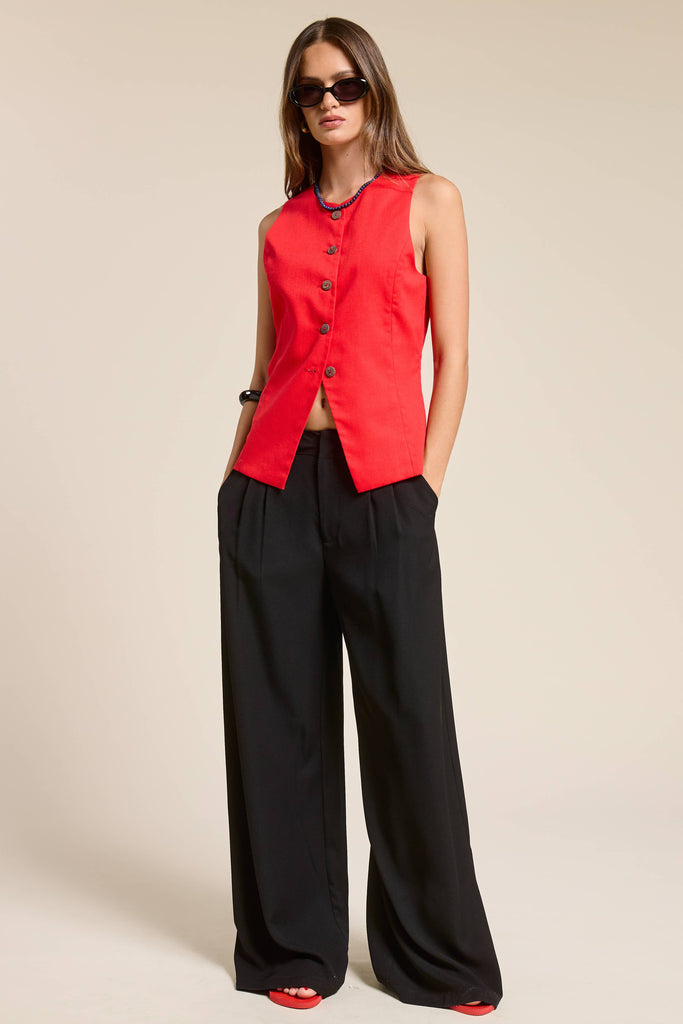Button Down Sleeveless Round Neck Waistcoat Vest: Scarlet / M