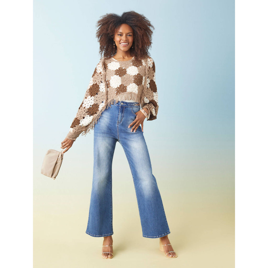 Nyla Floral Crochet Pullover Top: Khaki/Ivory / S/M