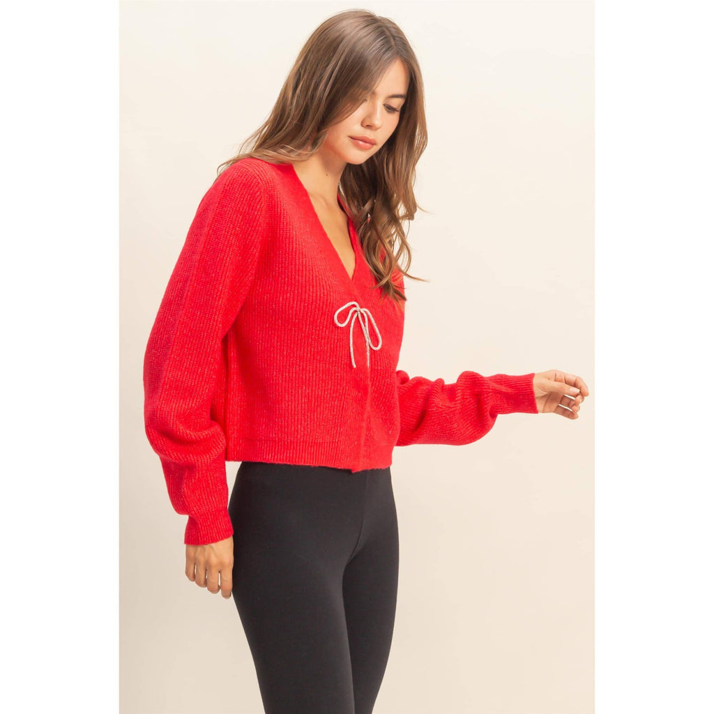 Sparkly Bow Embellished Cozy Cardigan: RED