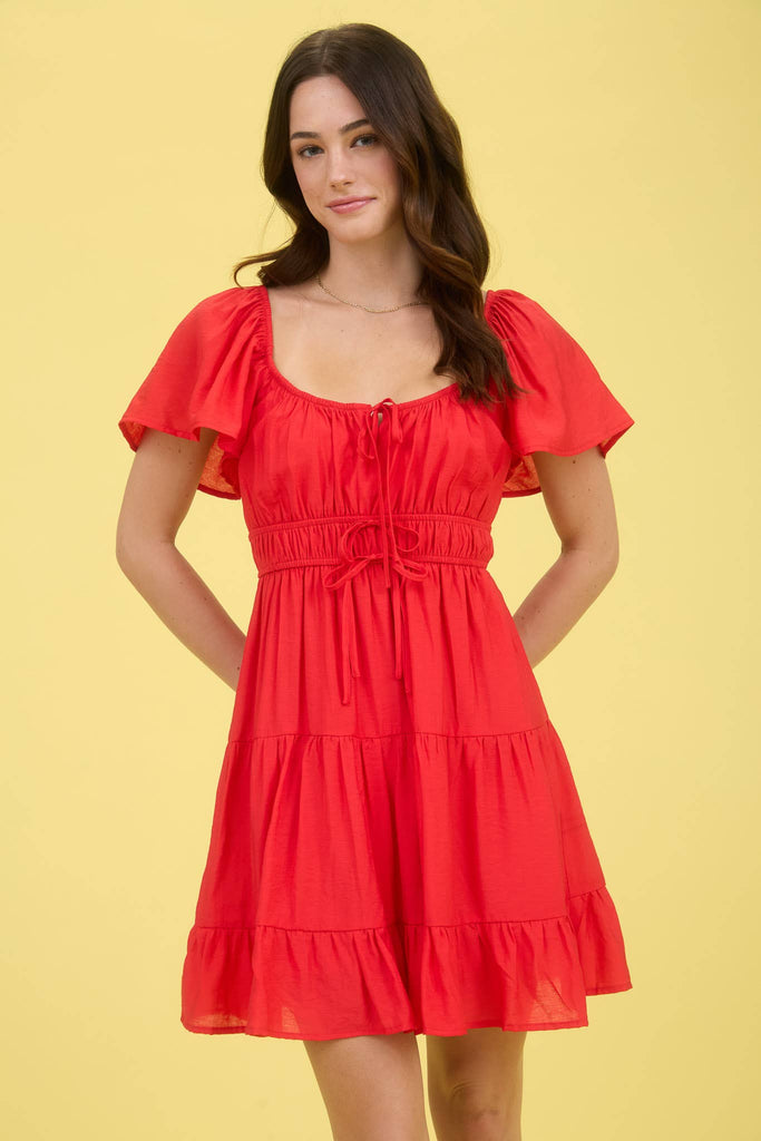 FRONT TIE STRAP SHORT SLEEVE TIERED MINI DRESS: RED