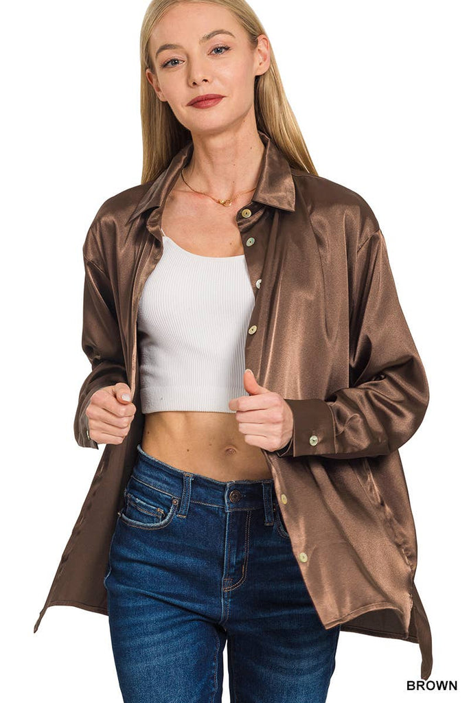 Satin Button Down Shirts: SILVER/ L