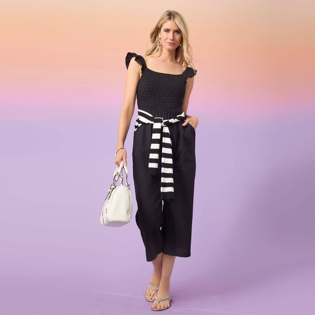 Kohde Wide Leg Smocked Jumpsuit: Black / XS