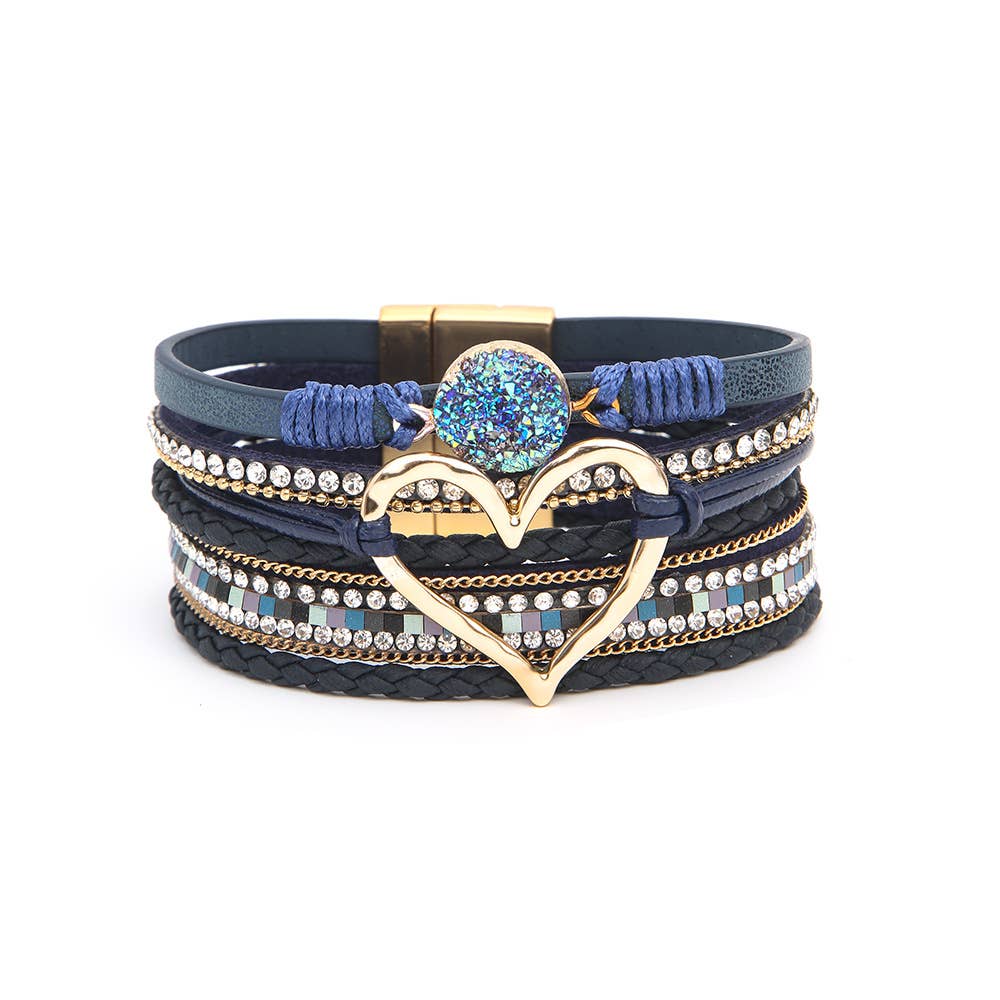 Bohemian Heart Rhinestone Magnetic Buckle Bracelet: Silver Gray-Silver / Alloy / ONE SIZE
