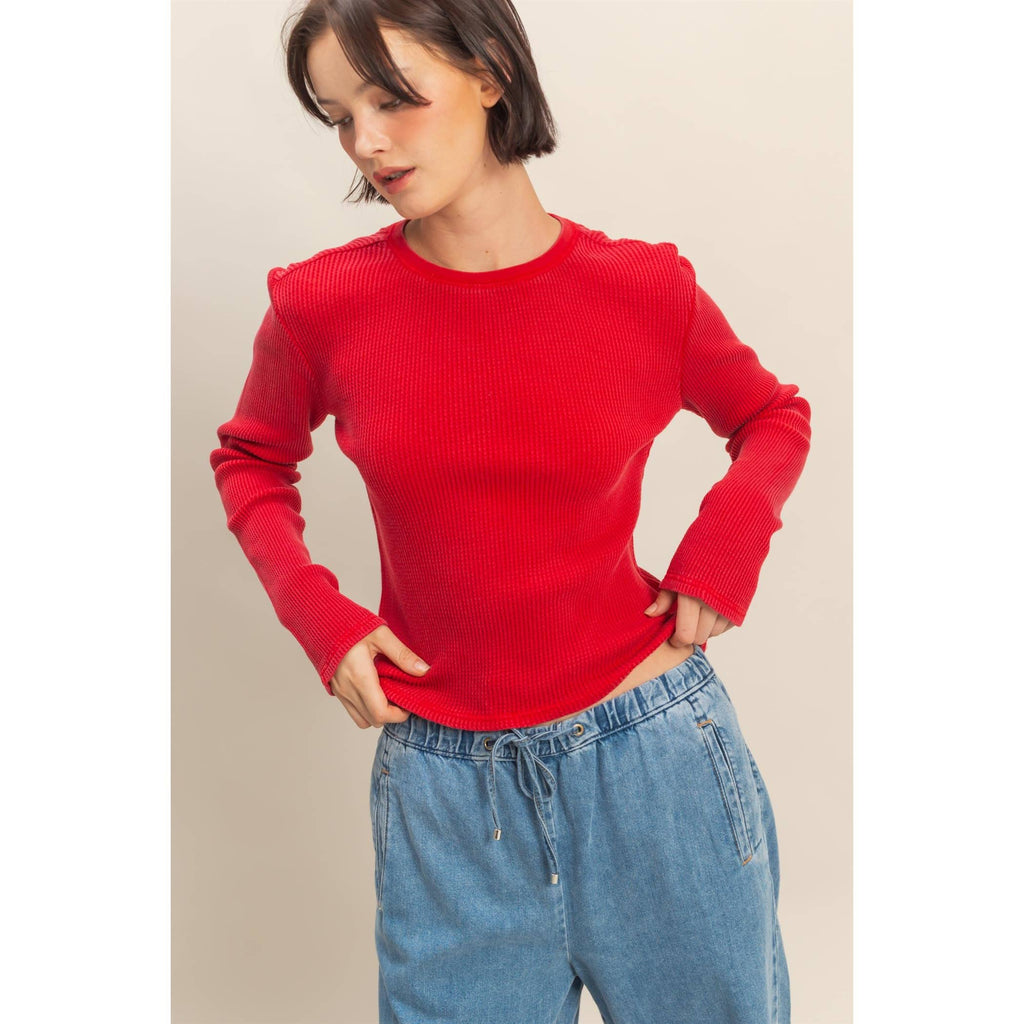 Mineral Wash Waffle Knit Long Sleeve Top: ALPACA