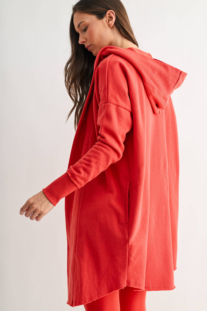 Open Front Longline Hoodie Cardigan: BLUSHED BRICK