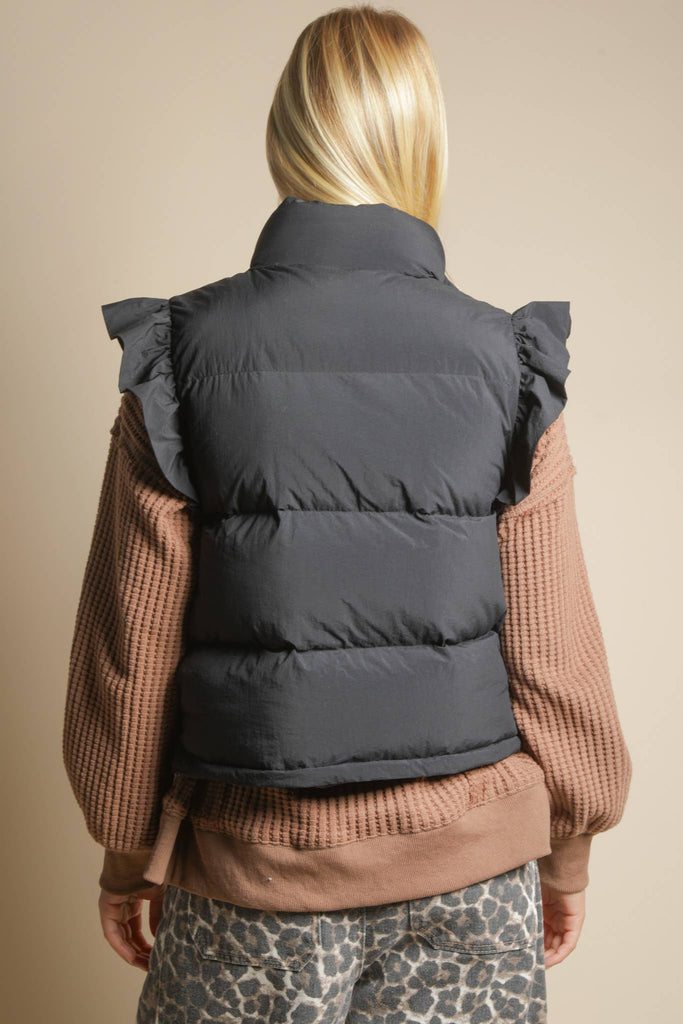 Front Bow Ruffle Sleeve Puffer Vest: BLACK