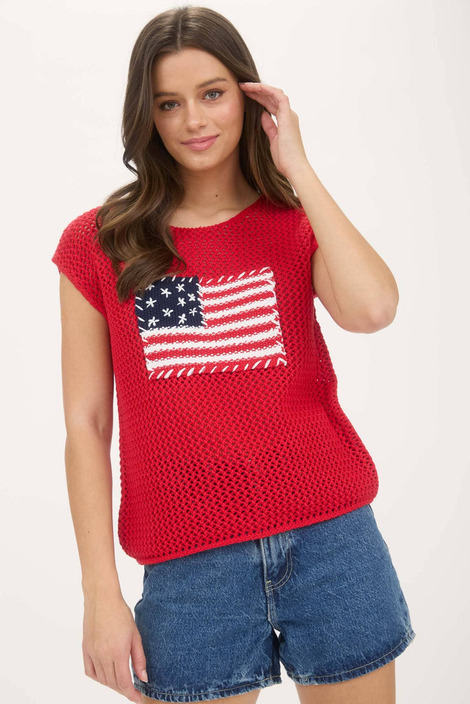 AMERICAN FLAG CROCHET KNIT SWEATER TOP: RED