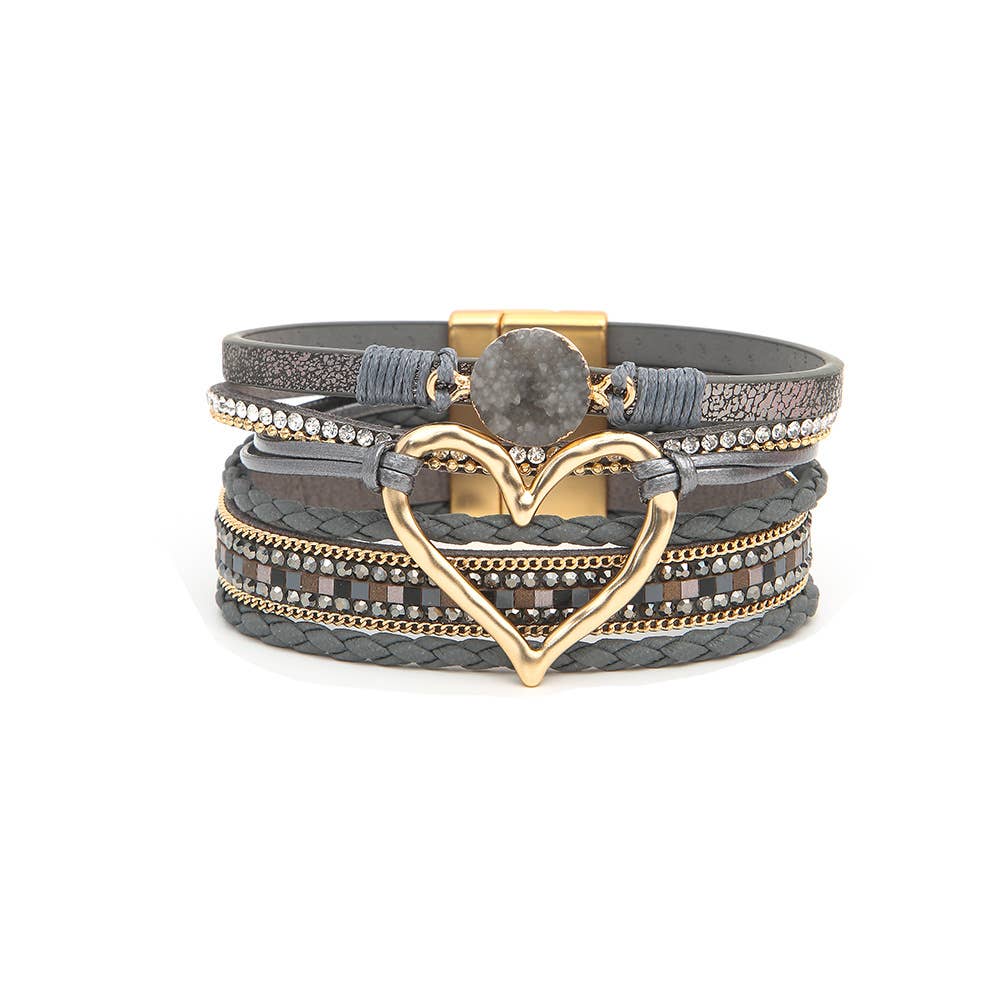 Bohemian Heart Rhinestone Magnetic Buckle Bracelet: Silver Gray-Silver / Alloy / ONE SIZE