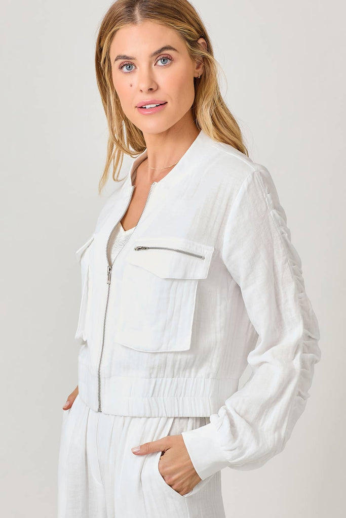 Washed Linen Bomber Jacket: Off White / Small