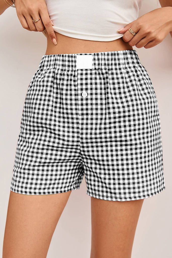 Red Plaid Gingham Printed High Waist Shorts: Red Stripe / 100%Polyester / XL