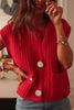 Solid Textured Knit Side Pockets Buttoned Sweater Vest: Fiery Red / 100%Acrylic / M