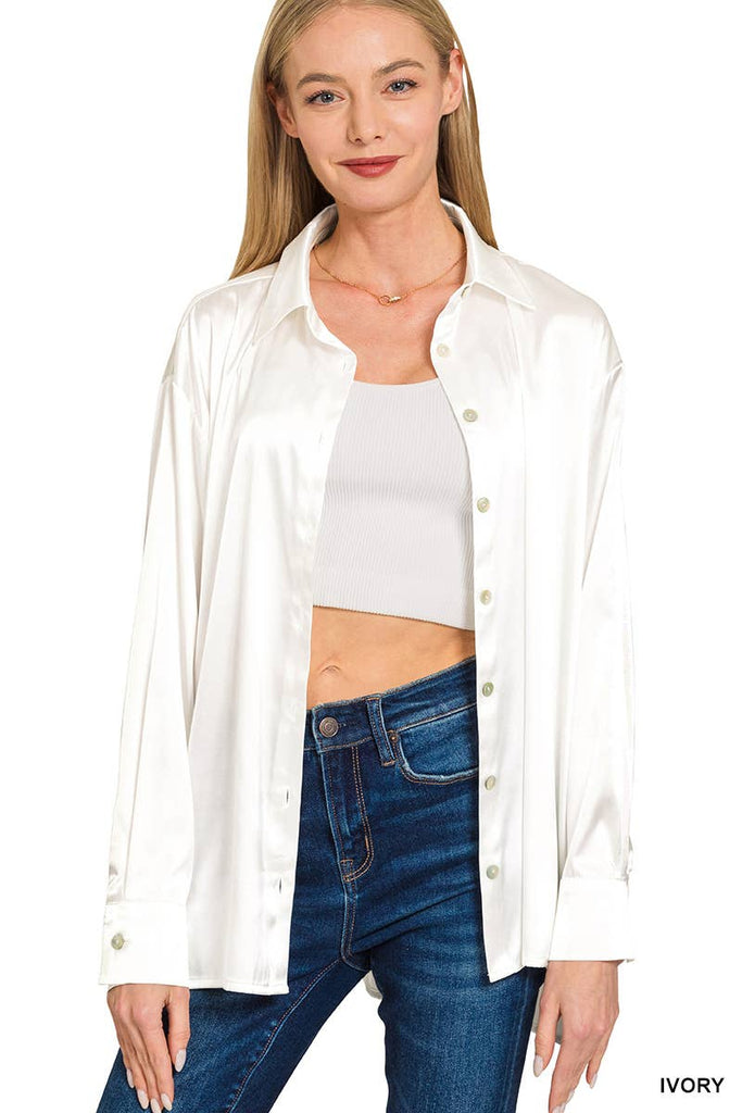 Satin Button Down Shirts: SILVER/ L