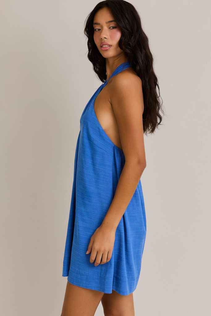 HALTER NECK STITCH DETAIL MINI DRESS: Blue / L