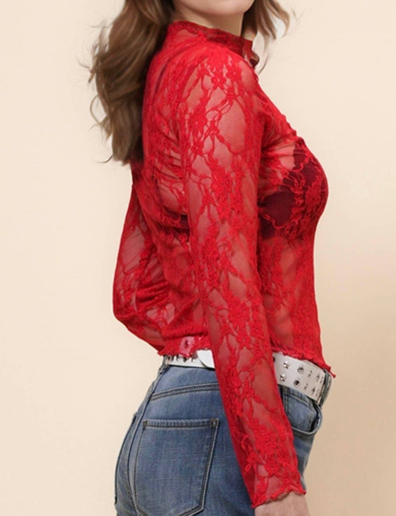 Ladies Floral Lace Blouse See Sheer Layering Top: Red / M