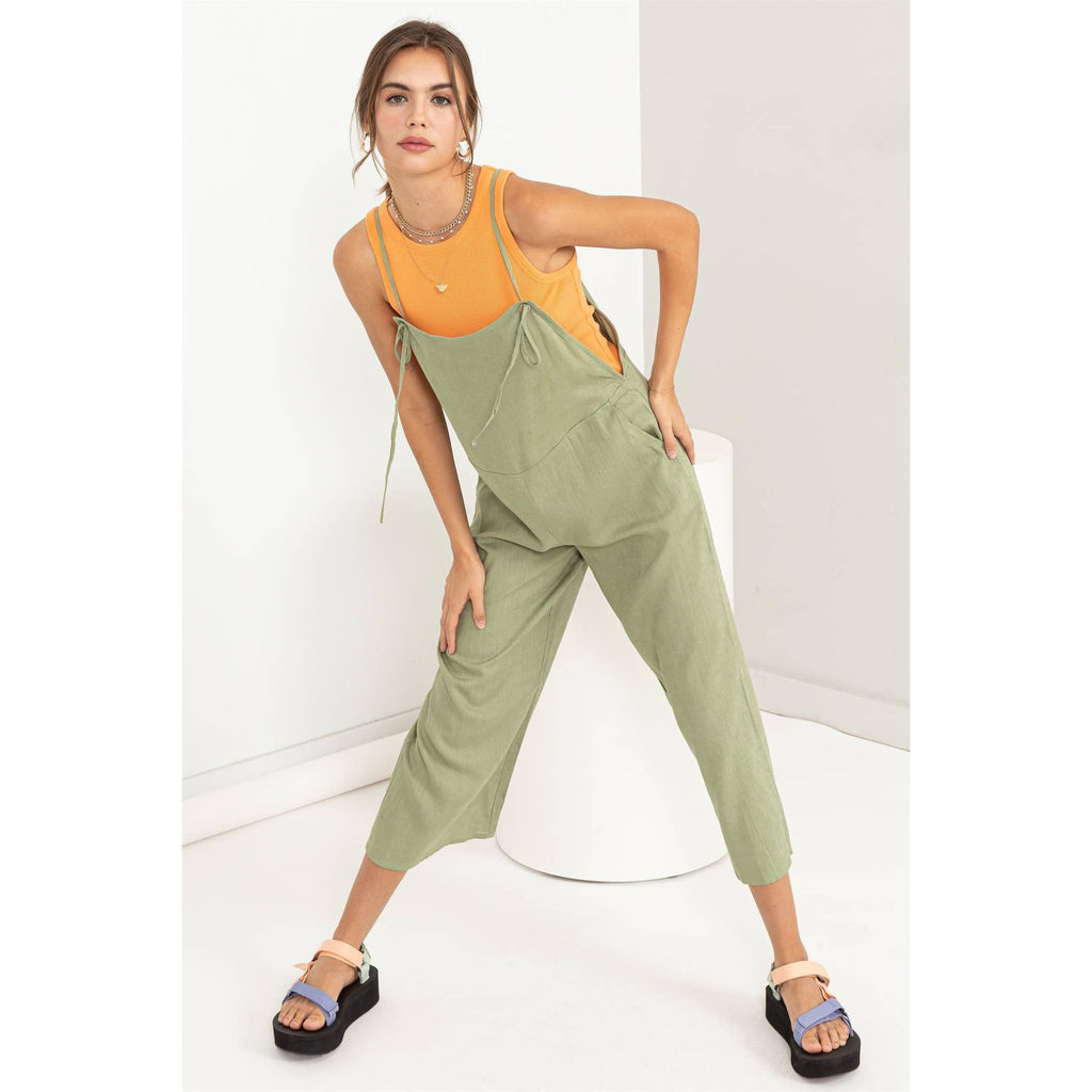 TIE SHOULDER JUMPSUIT: L / OLIVE