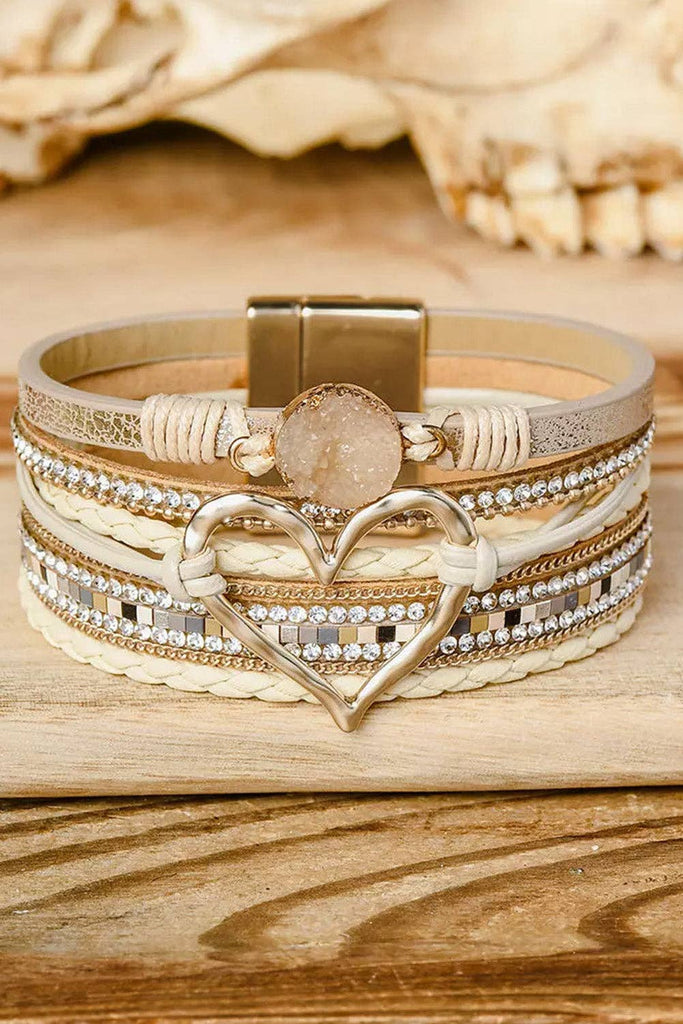 Bohemian Heart Rhinestone Magnetic Buckle Bracelet: Silver Gray-Silver / Alloy / ONE SIZE